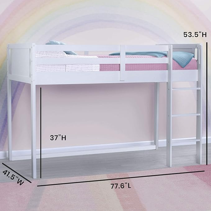 Delta Children Twin Loft Bed with Guardrail and Ladder + Tent [Bundle], White/Dots
