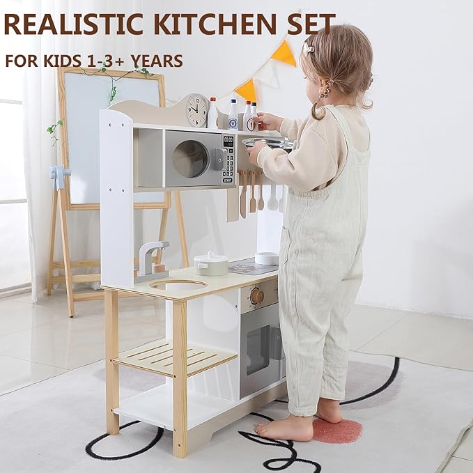Wooden Play Kitchen, Kids Toy Kitchen Cooking Set, Kids Play Kitchen Pretend Play Set, Pretend Kitchen Playset for Toddlers Boys and Girls