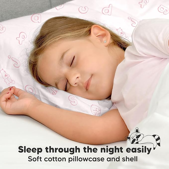 Toddler Pillow with Pillowcase - 13x18 My Little Dreamy Pillow, Organic Cotton Toddler Pillows for Sleeping, Kids Pillow, Travel Pillows,Mini Pillow,Nursery Pillow,Toddler Bed Pillow (ABC Land Rose)