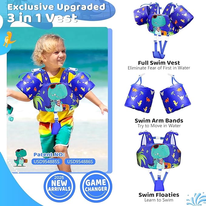 Vvinca Separable Toddler Swim Vest Fit 22-66 Lbs（1-6 Years）|2025 Newest 3 in 1 Pool Float & Arm Bands Boys and Girls, Adjustable Sturdy Safety for Infant 1 2 3 4 5 6 Year