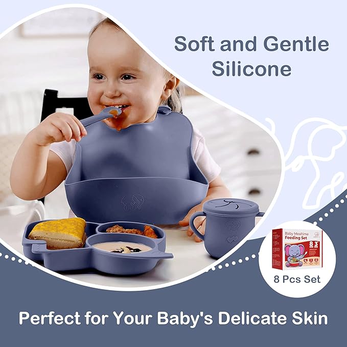 Complete Silicone Baby Feeding Set - 6+ Months Food Grade Baby Feeding Essentials | Silicone Bibs, Baby Bowls and Plates, 3 in 1 Baby Sippy Cup, Spoons and Fork Set | Free of BPA/PVC/Lead/Phthalate