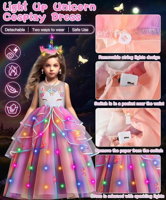 TOLOYE Princess Dresses for Girls, Light Up Mermaid Unicorn Costume Dress with Accessories for Halloween Carnival Cosplay