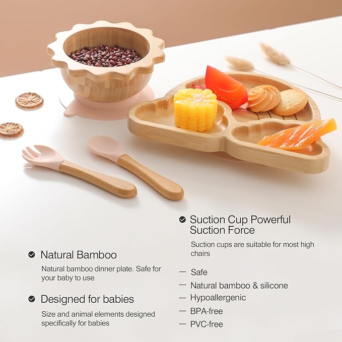 Bamboo Suction Plates Bowls Set for Baby Toddler Divided Platter Food bowl with Silicone Fork & Spoon All-Natural Baby Feeding Set for Baby-Led Weaning, Non-Slip Design