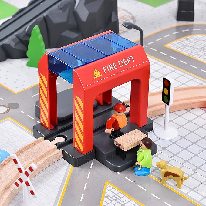 Giant bean 72PCS Fire Station Wooden Train Tracks & Train Set, Gift Packed Toy Railway Kits for Kids, Toddler Boys and Girls 3,4,5 Years Old and Up, Christmas Birthday Gift Toy for Kids