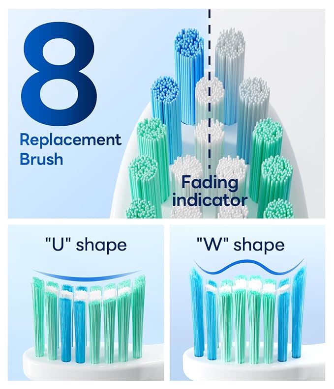Bymore Electric Toothbrush for Adults,Travel Sonic Toothbrush with 8 Replacement Heads, Ultra Clean Rechargeable Toothbrush Portable One Charge for 330days 5 Modes 2mins Timer-Sky Blue