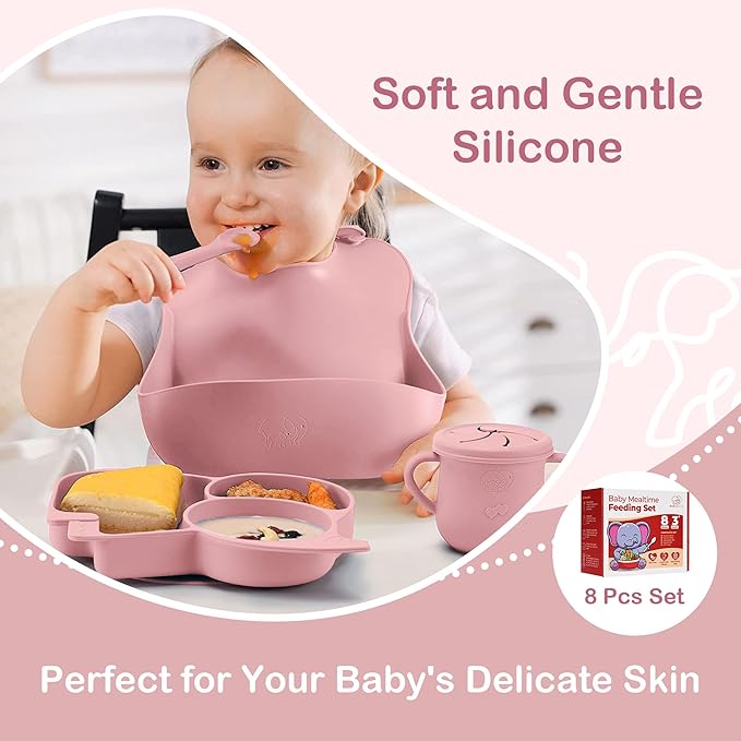 Complete Silicone Baby Feeding Set - 6+ Months Food Grade Baby Feeding Essentials | Silicone Bibs, Baby Bowls and Plates, 3 in 1 Baby Sippy Cup, Spoons and Fork Set | Free of BPA/PVC/Lead/Phthalate