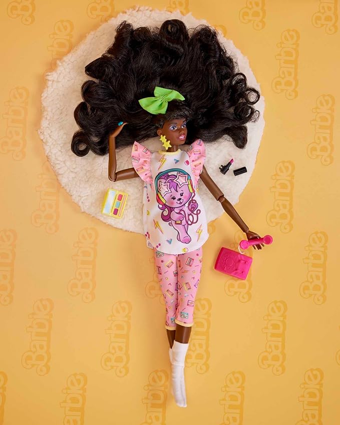 Barbie Rewind Doll & Accessories with Curly Black Hair & 1980s-inspired Slumber Party Outfit, Collectible & Displayable