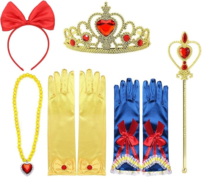 Princess Snow White Dress up Accessories for Girls Princess Belle Snow White Party Favors Gifts Set Including Crown Scepter Wand Necklace Gloves Red Bow Headband