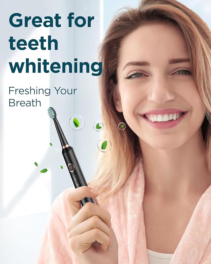 Rtauys M5 Sonic Electric Toothbrush for Adults and Kids - Rechargeable Electric Toothbrush Kids Ages 12+ and Adults with 8 Brush Heads & Travel Case, 120 Days Battery Life - Black