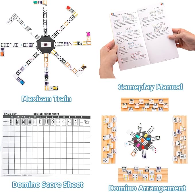Mexican Train Dominoes Set with 8 Wooden Racks, Double 12 Colored Dot Dominoes with Update Hub, Travel Domino Train Game with 91 Tiles and Portable Carry Case, Family Board Team Games