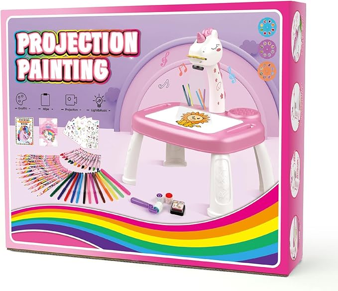 Drawing Projector for Kids, Drawing Board with Music, Color Pens, Pencils, Crayons, Scrapbook, Unicorn Sticker Book, Ideal Toy for 3+ Year Old Girls & Boys (Unicorn Kit)