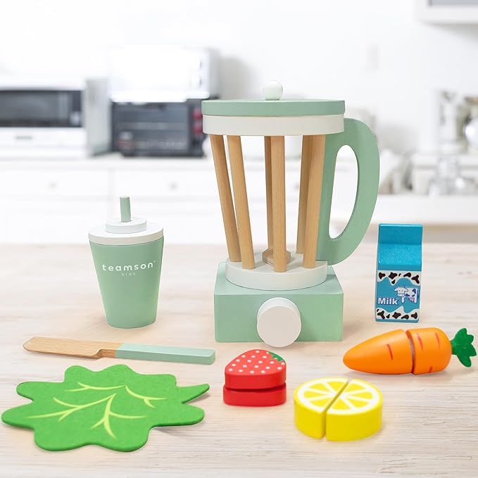 Teamson Kids Play Kitchen Accessories Little Chef 13 Piece Wooden Smoothie Blender Set with Cutting Fruit, Ingredients and to-Go Cup with Straw