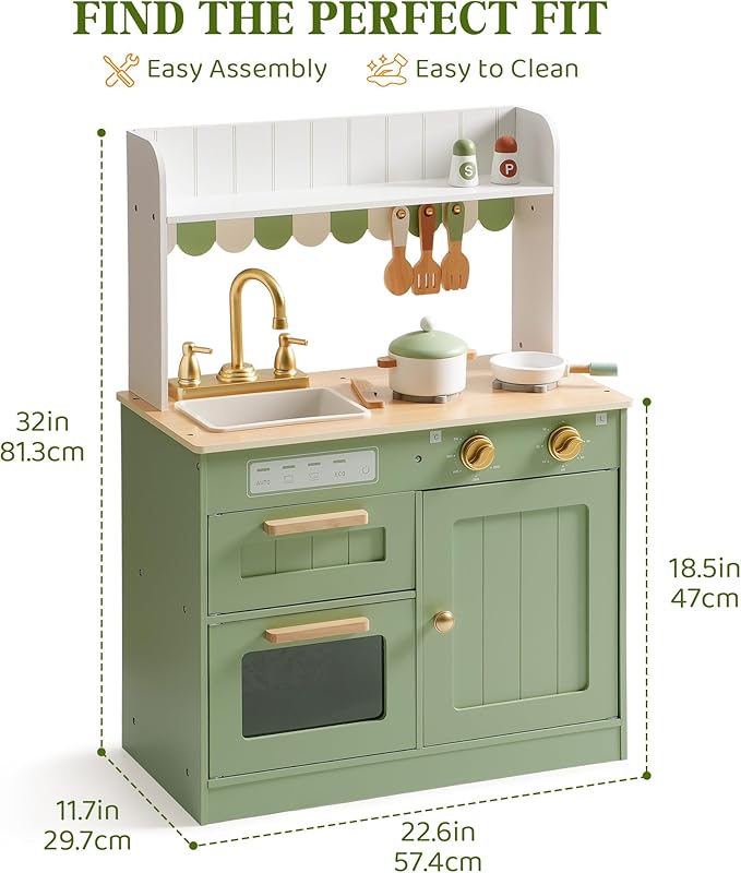 ROBOTIME Play Kitchen for Kids Toddlers, Wooden Pretend Play Kitchen Set Toy with Cutting Food Set, Toys Kitchen Gift for 3+ Year Old Kids, Girls & Boys