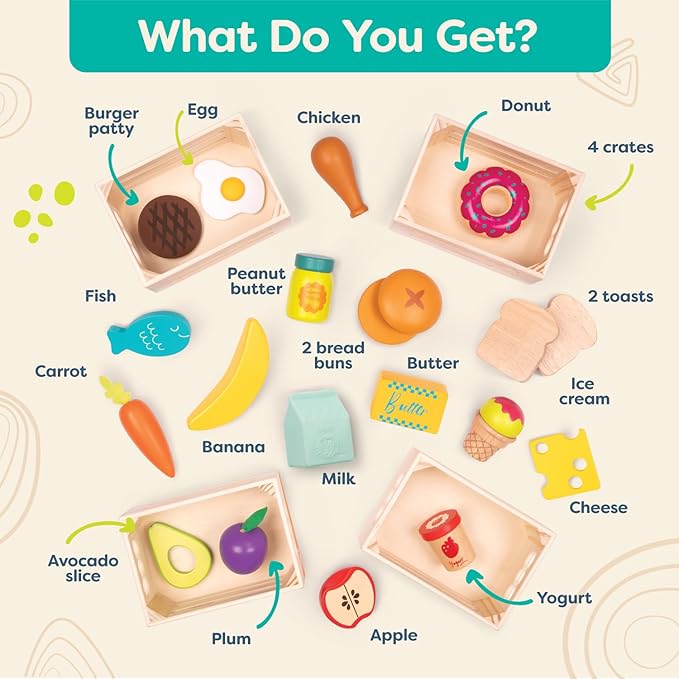 B. toys- Little Foodie Groups- Pretend Play Wooden Play Food – Food Group Crates – 24 Play Kitchen Accessories – Educational Toys for Kids – 3 Years +