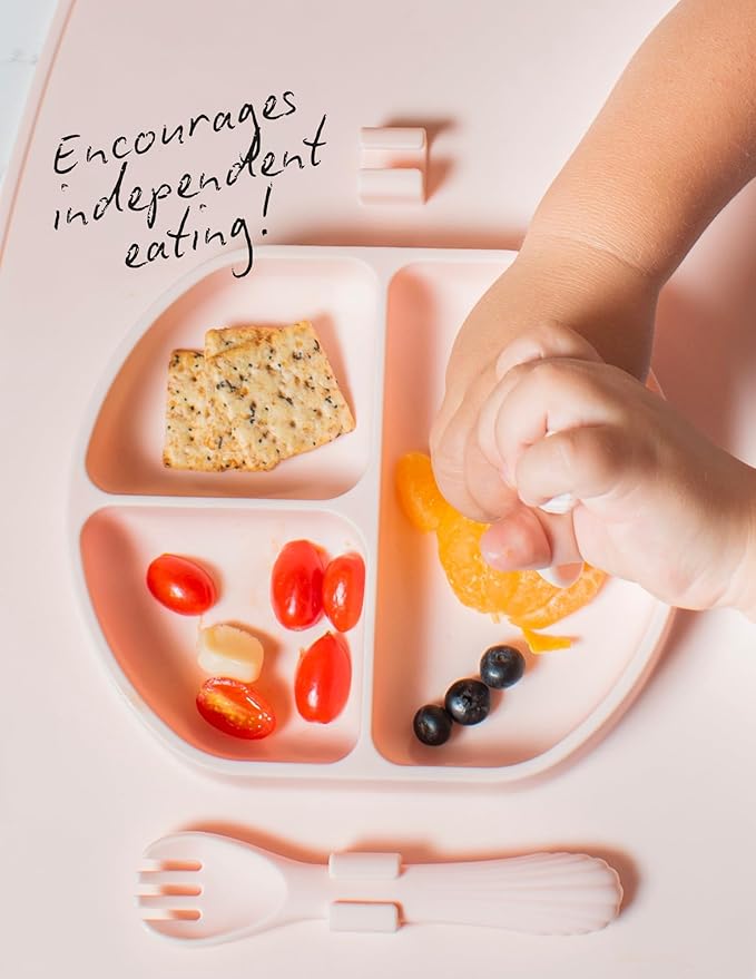 Modern Mini - Silicone Suction Plate, Baby Toddler, Divided Plate with Fork & Spoon - Unbreakable, Non-Toxic, Food Grade Silicone, Strong Suction Grip, Spill Proof, & Foldable for Travel!