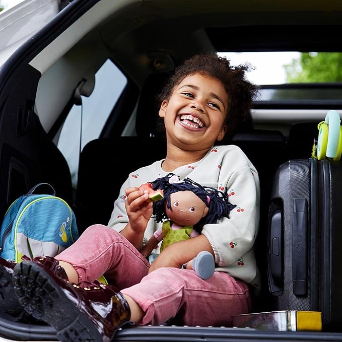 HABA Cari 12" Soft Doll - Machine Washable with Green Dress, Embroidered Face, Brown Eyes and Black Pigtails