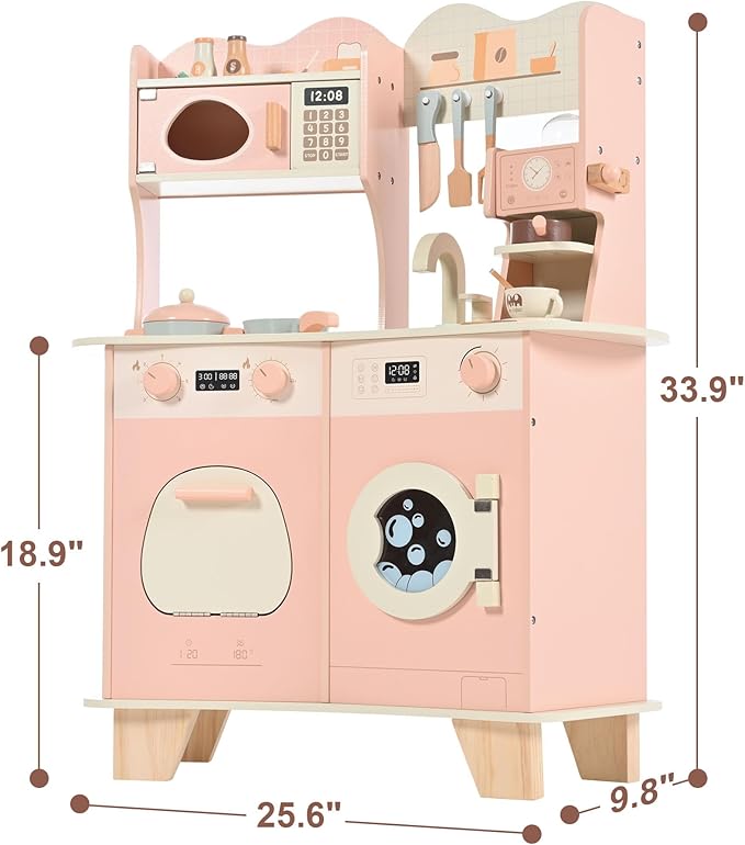 Wooden Play Kitchen Toy Set for Kids, Toddlers Pretend Toy Kitchen Playest, Sink with Faucet, Oven, Microwave, Cookware Accessories & Gifts for Age 1-6