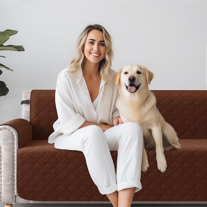 CHUN YI Couch Cover, Water Resistant Slipcover for 3 Cushion Sofa, Reversible Washable Sofa Cover with Adjustable Strap Storage Pocket for Living Room Dog Pet (Sofa, Chocolate)