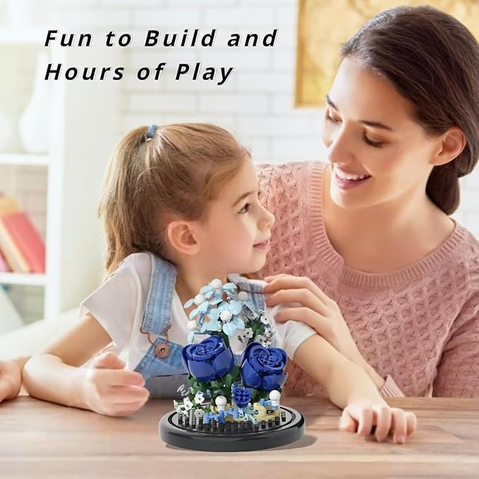 Blue Rose Flowers Micro Bricks Building Set with Dust Cover,Artificial Flowers Botanical Collection for Home Decor, Creative Gifts for Adults Women Boys Girls,270 Pieces