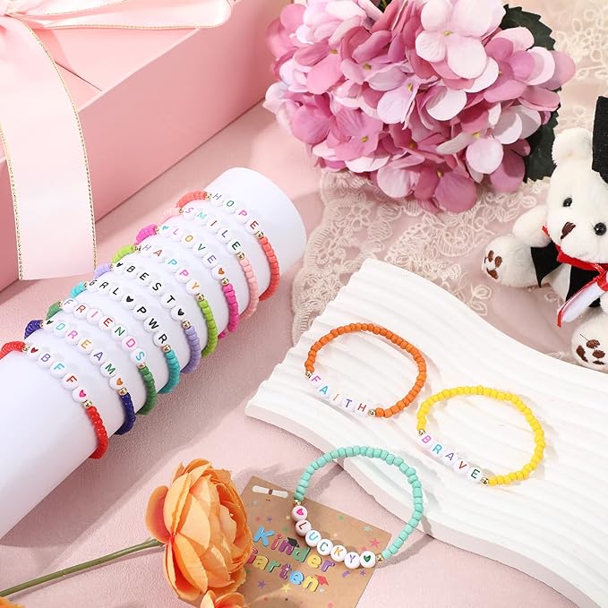 Cunno 36 Pcs Kids Friendship Bracelets for Girls Letter Heart Beads Bracelets Stretchy Cute Bracelet Pretend Play Beaded Bracelets Inspirational Bracelets for Kids (Heart Style)