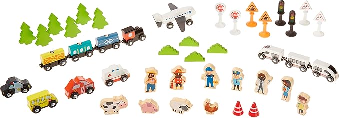 Amazon Basics 120 Piece Wooden Train Set and Table-kids Gift for Age 3Y+, Multi, Product dimensions: 47.4 x 33.46 x 16.14 inches