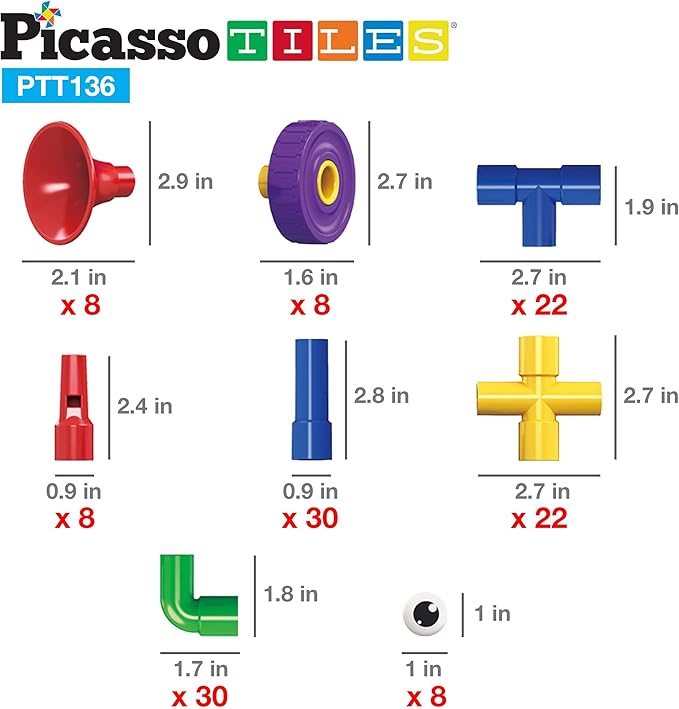 PicassoTiles PTT136 136pcs Tubular Pipes & Spout STEAM Interlocking Educational Building Block Set, Tube Locks, Pipeworks Construction Blocks w/Storage Container Box, Idea Book, Flute Musical Kit