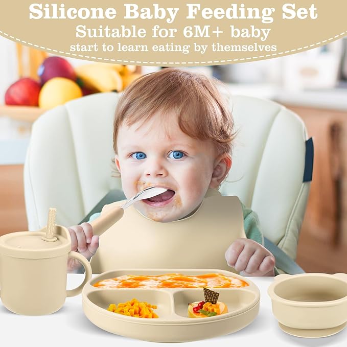 Silicone Baby Feeding Set, Baby Led Weaning Supplies with Suction Bowl Divided Plate, Toddler Self Feeding Dish Set with Spoons Forks Sippy Cup Adjustable Bib, Eating Utensils for 6+ Months(Beige)