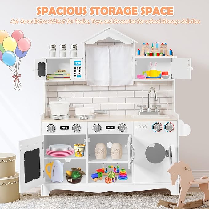 HONEY JOY Kids Kitchen Playset, 31 Inch Rooftop Wooden Play Kitchen for Toddlers, Microwave, Clock, Washing Machine, Cookware, Little Chef Pretend Play Toy Kitchen Set, Gift for Boys Girls, White