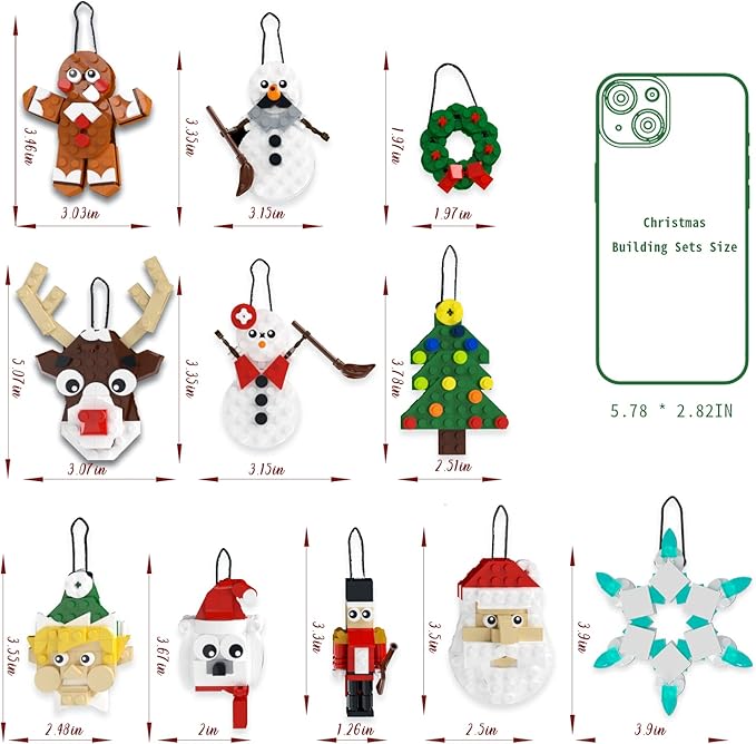 Christmas Ornaments Building Kit, Christmas Tree, Wreath, Santa, Snowman, Gingerbread, Reindeer, Nutcrackers, Snowflake 11-in-1. Stocking Stuffers Decor Toys Gifts for Boys Girls Kids.