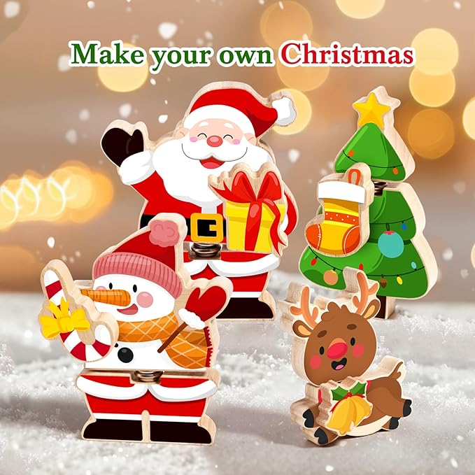 HUZU Christmas Snap Together Building Blocks Toy, Santa, Reindeer, Snowman, Christmas Tree Take Apart Characters, 3 4 5 6 7 8 Years Old Kids Wooden Puzzle, STEM Fine Motor Skill Christmas