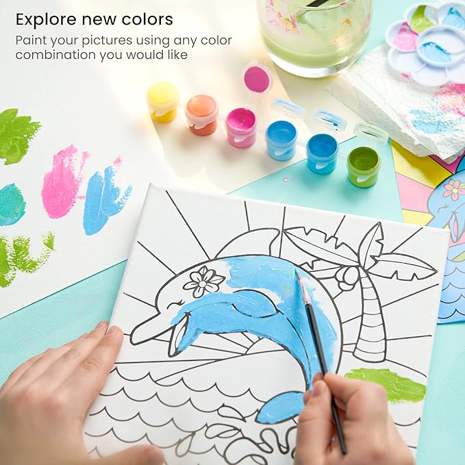 ARTEZA Kids Water Creatures Painting Kit, 4 Canvases 8 x 8 Inches, 24 Acrylic Paints, 4 Paint Brushes, 4 Palettes, Kids Activities Ages 6 and Up