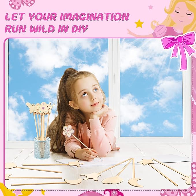 42 Pcs Princess Fairy Wands Kit, Include 36 Pcs Wooden Unfinished Wand DIY Princess Wand with 6 Sheet Colorful Diamond Sticker for Girls Make Your Own Princess Wand, Cosplay Costume Party Favor