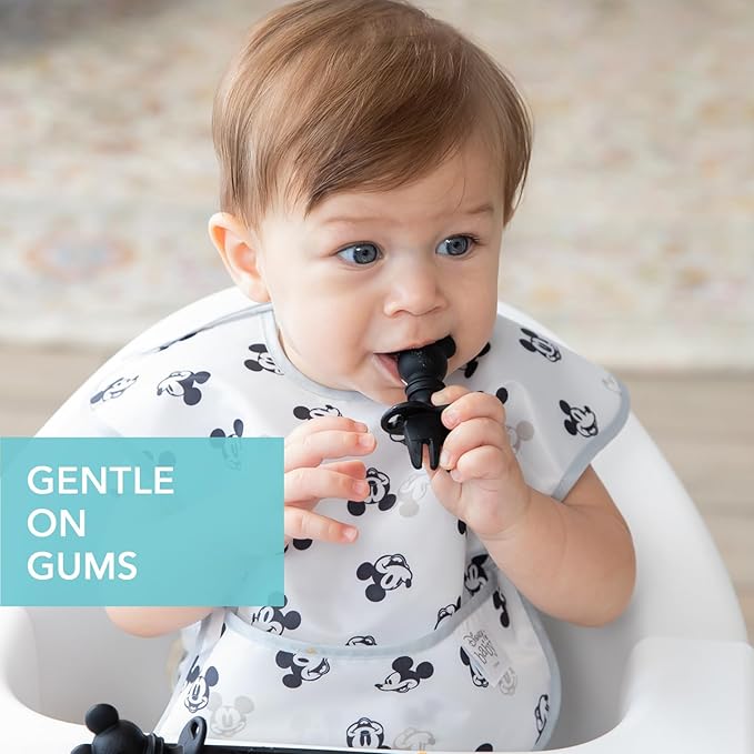 Bumkins Disney Baby Utensils Set, Chewtensils Silicone Spoons for Dipping, Self-Feeding, Baby Led Weaning, Trainer Learning, First Stage Eating, Soft Fork and Spoon, Babies 6 Months, Mickey Mouse