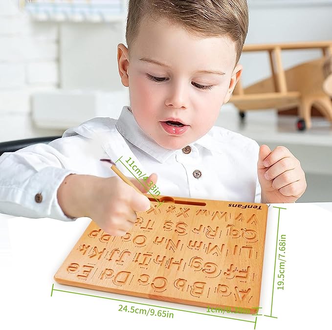 TanFans Wooden Alphabet Tracing Board - Montessori Educational Toy for Preschool - Fine Motor Skills Development - Learn to Write ABC - Double-Sided Letter Practice Tool - Ideal Gift for 3-5 Years Old
