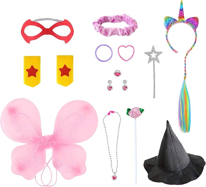 Jeowoqao Girls Dress up Trunk Princess Set, 24Pcs Pretend Play Costume Set, Fairytale, Supergirl, Princess, Rainbow Girls Costume for Toddler/Little Girls Ages 3 4 5 6 Years