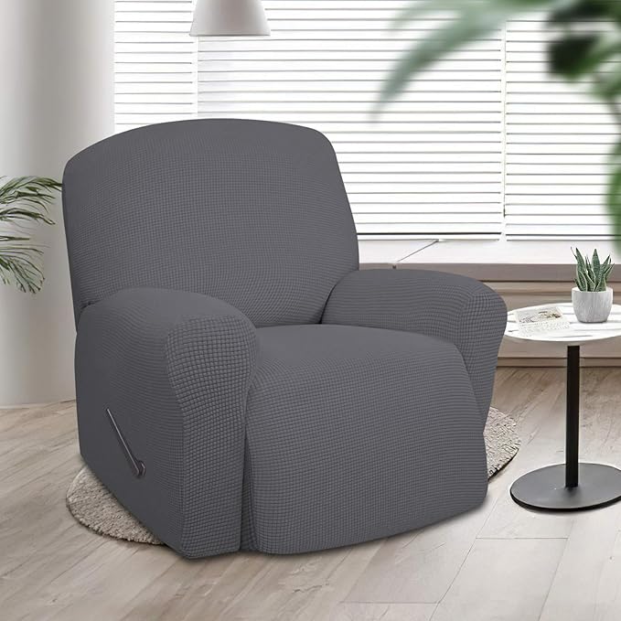 Easy-Going Recliner Stretch Sofa Slipcover Sofa Cover 1 Piece Furniture Protector Couch Soft with Elastic Bottom Kids,Polyester Spandex Jacquard Fabric Small Checks(Oversize Recliner,Gray)