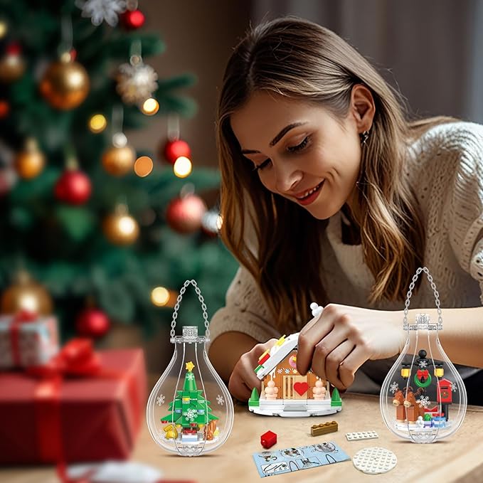 HOGOKIDS Christmas Building Sets with Lights - 6 Pack Christmas Tree Ornaments Santa Claus Gingerbread House Nutcracker Elk Building Toys Festival Decor Gifts for Adult Kids Boy Girl 6-12 Year(566PCS)