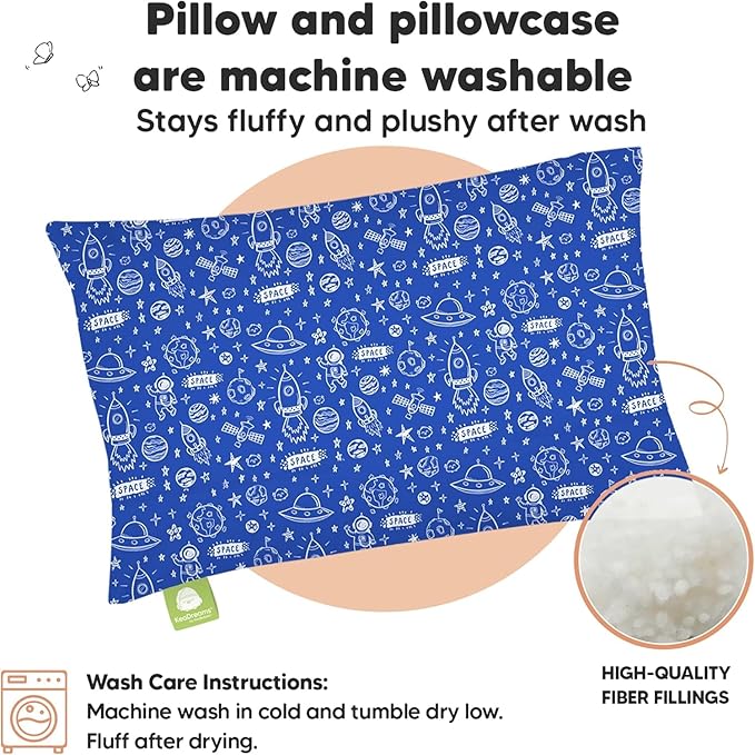 Toddler Pillow with Pillowcase - 13x18 My Little Dreamy Pillow, Organic Cotton Toddler Pillows for Sleeping, Kids Pillow, Travel Pillows,Mini Pillow,Nursery Pillow,Toddler Bed Pillow (Off to Space)