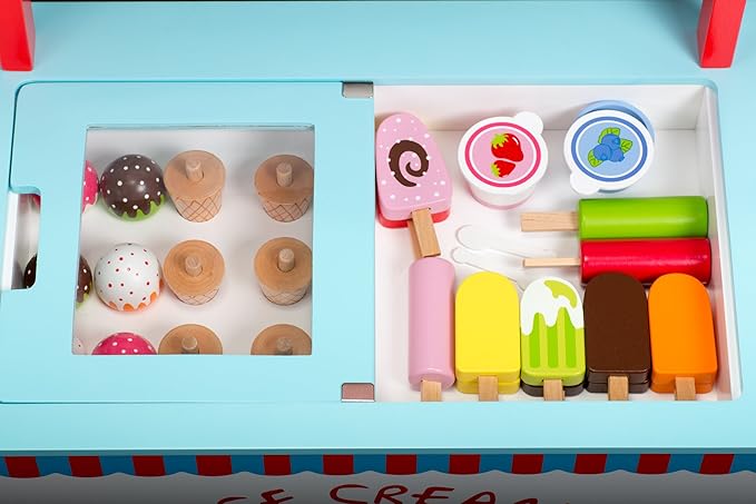 Ice Cream Cart Kids Pretend Play Stand- 33+ Pc Accessories, Realistic Premium Wooden Toy Activity Set, Money Box Chalkboard & Icecream Truck- Popsicles Cones Unique Flavors- Girls Boys Role Play Gift