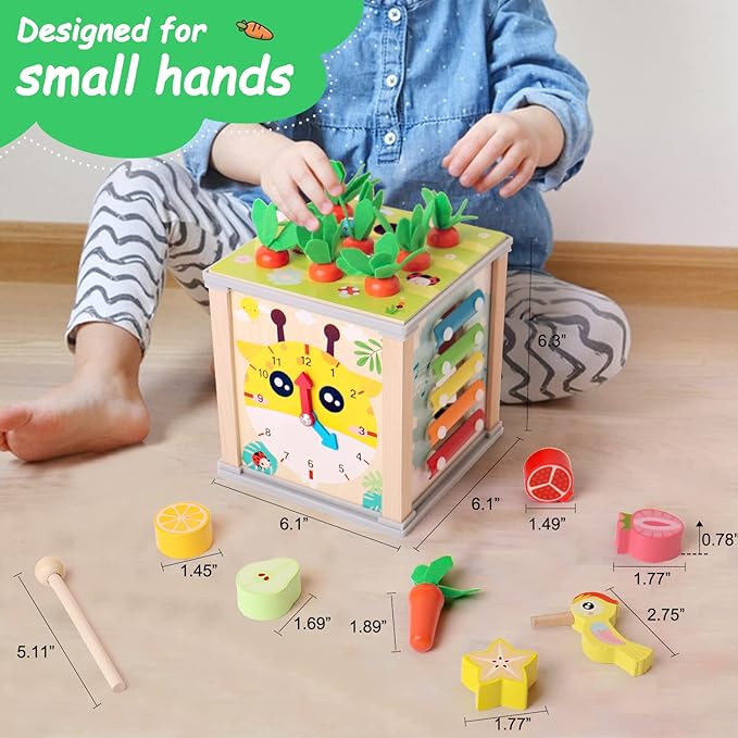 BESTAMTOY 6 in 1 Wooden Activity Cube,Montessori Baby Toys for 3 Year Old, Sorting & Stacking Board, Montessori Early Educational Toys, Boy and Girl Birthday Gift