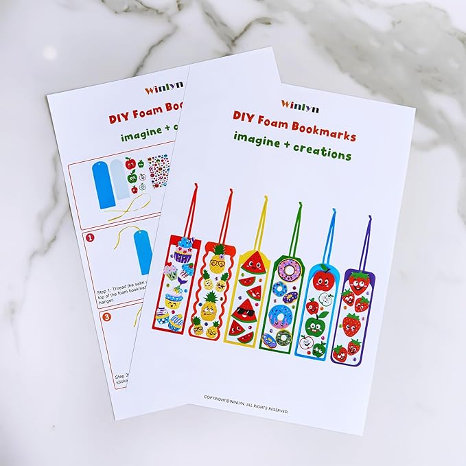 Winlyn 36 Sets Fruit Craft Kits Summer Crafts DIY Fruit Dessert Bookmarks Art Sets Apple Pineapple Watermelon Foam Stickers for Kids Teachers Back to School Classroom Activities Rewards Party Favors