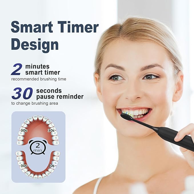 7AM2M Sonic Electric Toothbrush for Adults and Kids, with 8 Brush Heads and Travel Case,5 Modes with 2 Minutes Build in Smart Timer, One Charge Use for 90 Days, Rechargeable Toothbrushes(Black)