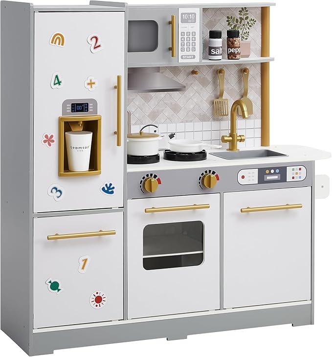 Teamson Kids Little Chef Springfield Play Kitchen with Pretend Ice Dispenser, Magnetic Surface, and 21 pc. Accessory Set, Gray/White