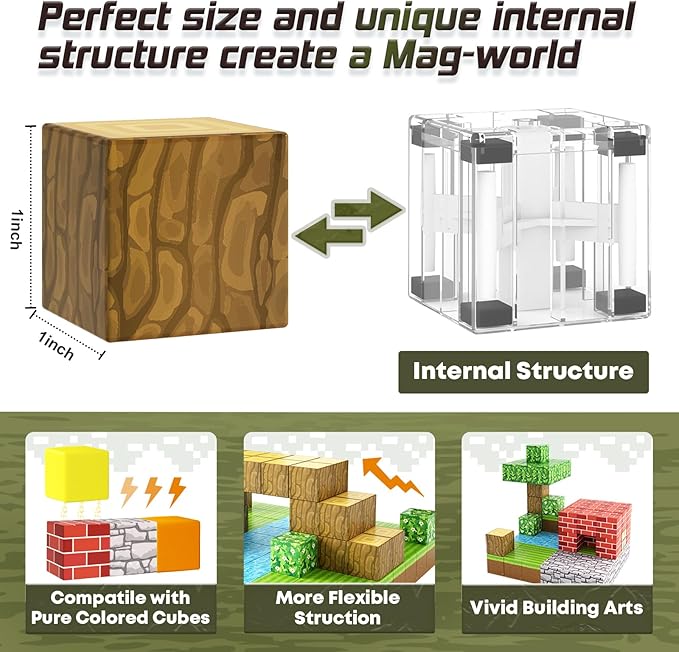 Magnetic Blocks-Build Mine Magnet World Edition, Magnetic Toys for Boys & Girls Age 3-4 4-5 6-8,STEM Montessori Sensory Toys for Toddlers Gifts for 3+ Years Old,48PCS Fidget 1" Cubes Construction Toys