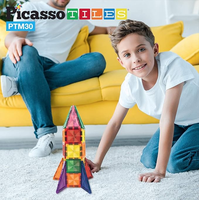 PicassoTiles Mini Size Magnetic Tiles Sensory Magnet Toys Diamond Series Construction Building Blocks Set STEM Learning Travel Size Educational Toy for Kids Boys Girls Toddlers Age 3+ PTM30