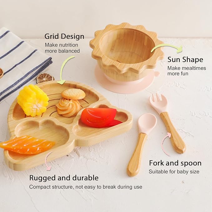 Bamboo Suction Plates Bowls Set for Baby Toddler Divided Platter Food bowl with Silicone Fork & Spoon All-Natural Baby Feeding Set for Baby-Led Weaning, Non-Slip Design