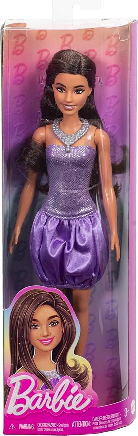 Barbie Fashionistas Doll #234 with Brown Hair, Wearing Sequined Purple Bubble Dress with Satiny Skirt, Silvery Necklace and Heels