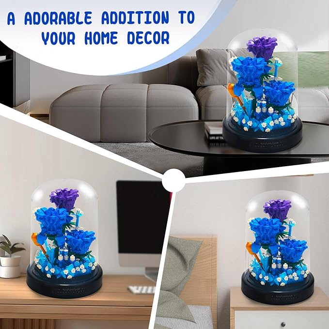 Topdear Flower Bouquets Building Sets with LED String Light and Dust Cover, 630 Pcs Blue Rose Bouquet Building Block Gifts for Mothers Day, Valentines Day, Birthday, Anniversary, Christmas