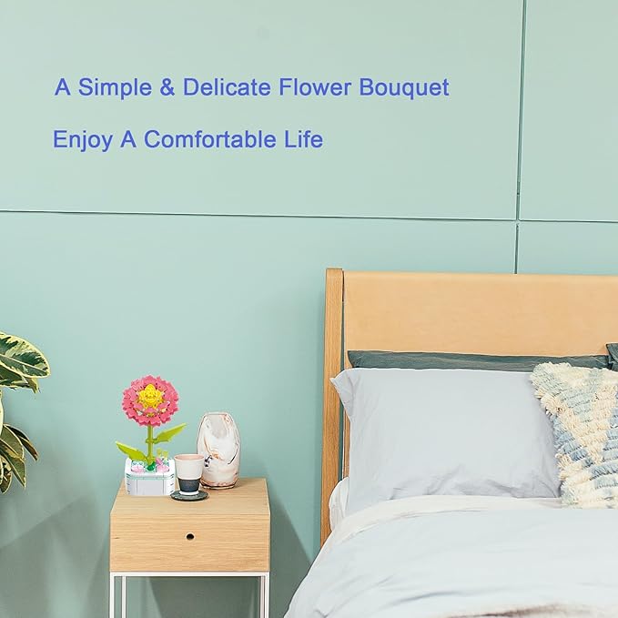 Flower Bouquet Building Set with Base, Flower Building Set Artificial Plant Flowers Building Blocks for Home Office Decor, Birthday Gifts, Desktop Trinkets Age 6+