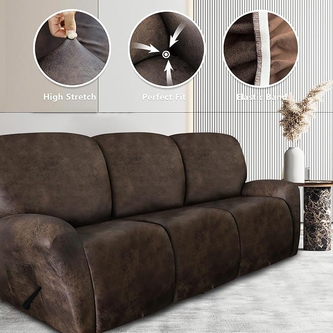 Leather Look Recliner Couch Cover 8-Piece Recliner Sofa Slipcovers 3 Seater for Reclining Couches Furniture Protector Spandex Fabric Washable (Recliner Sofa, Brown)